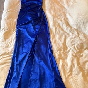 Elegant Royal Blue Satin Wrap Skirt Evening Dress